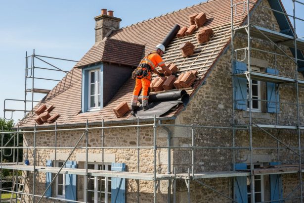 Toiture en tuiles en cours de rénovation avec outils et matériaux