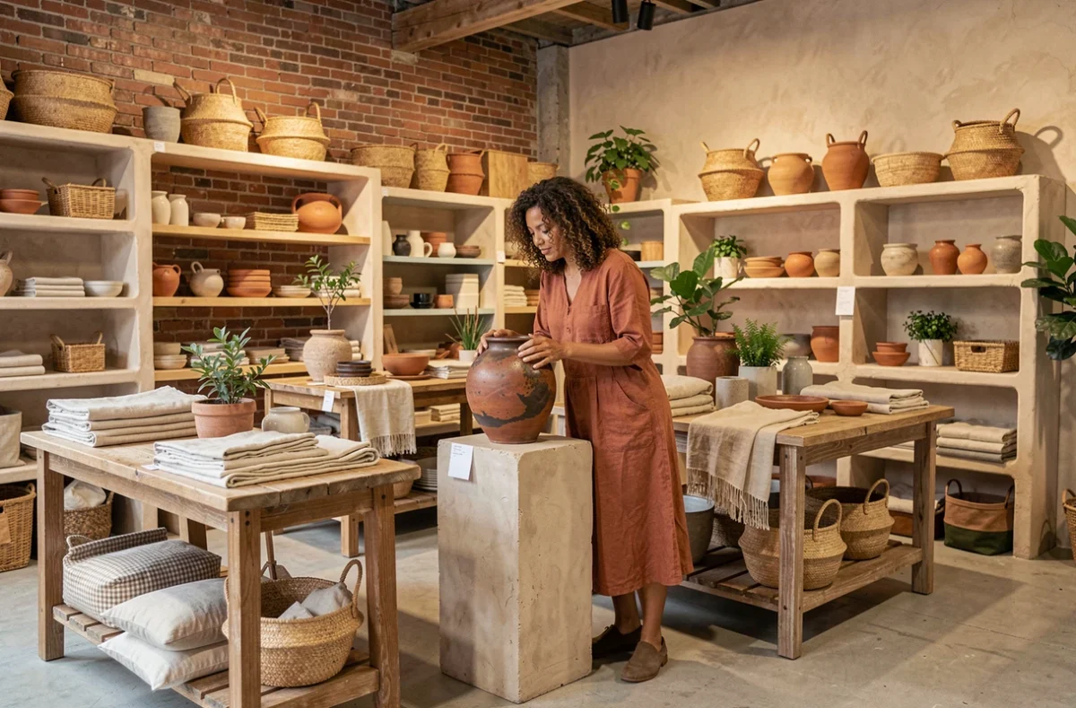 Propriétaire de la boutique Abaca arrangeant une poterie raku dans son showroom artisanal de Bayonne