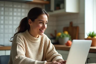 Femme faisant ses courses en ligne sur Carrefour depuis sa cuisine avec un ordinateur portable et une liste de courses manuscrite
