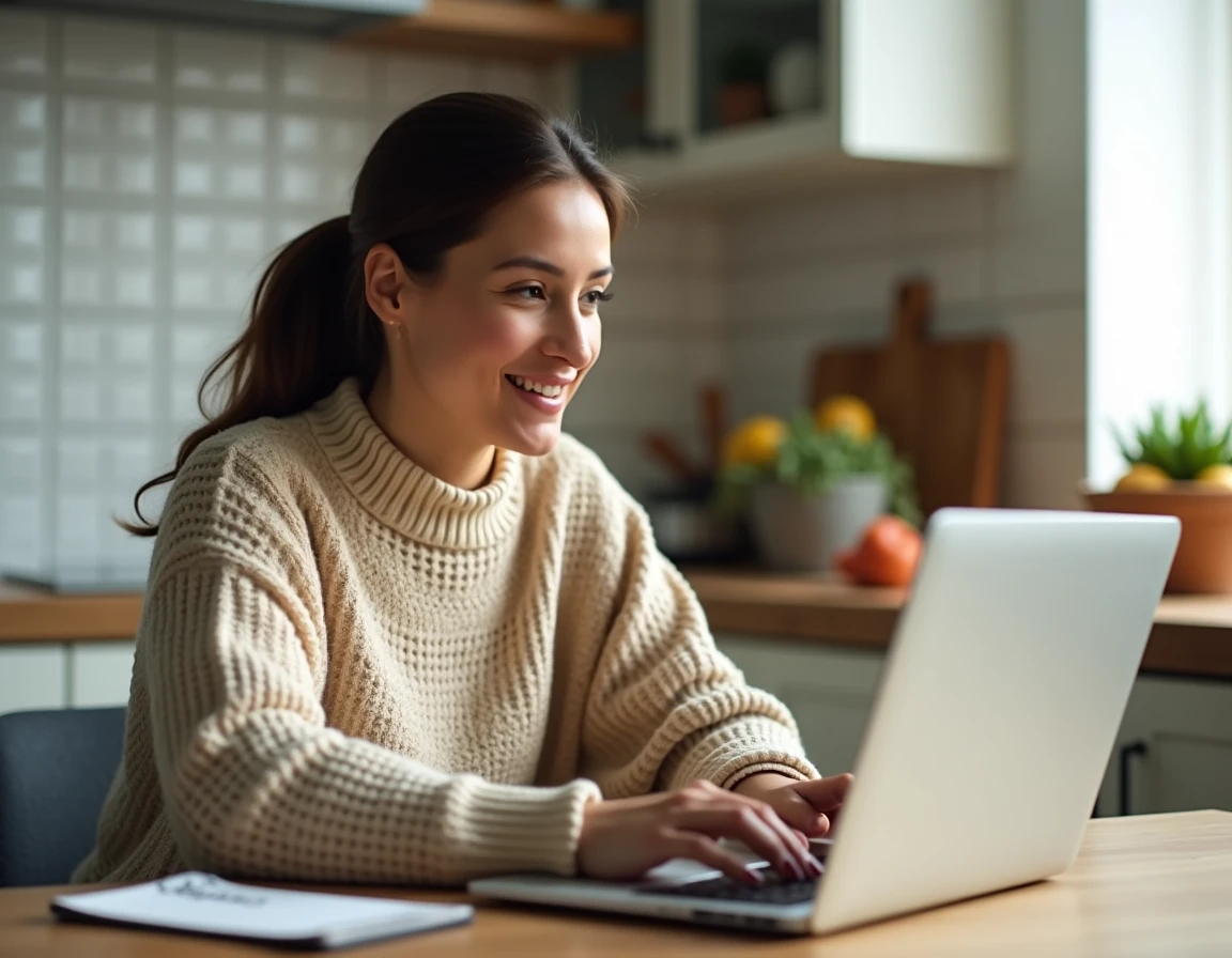 Femme faisant ses courses en ligne sur Carrefour depuis sa cuisine avec un ordinateur portable et une liste de courses manuscrite