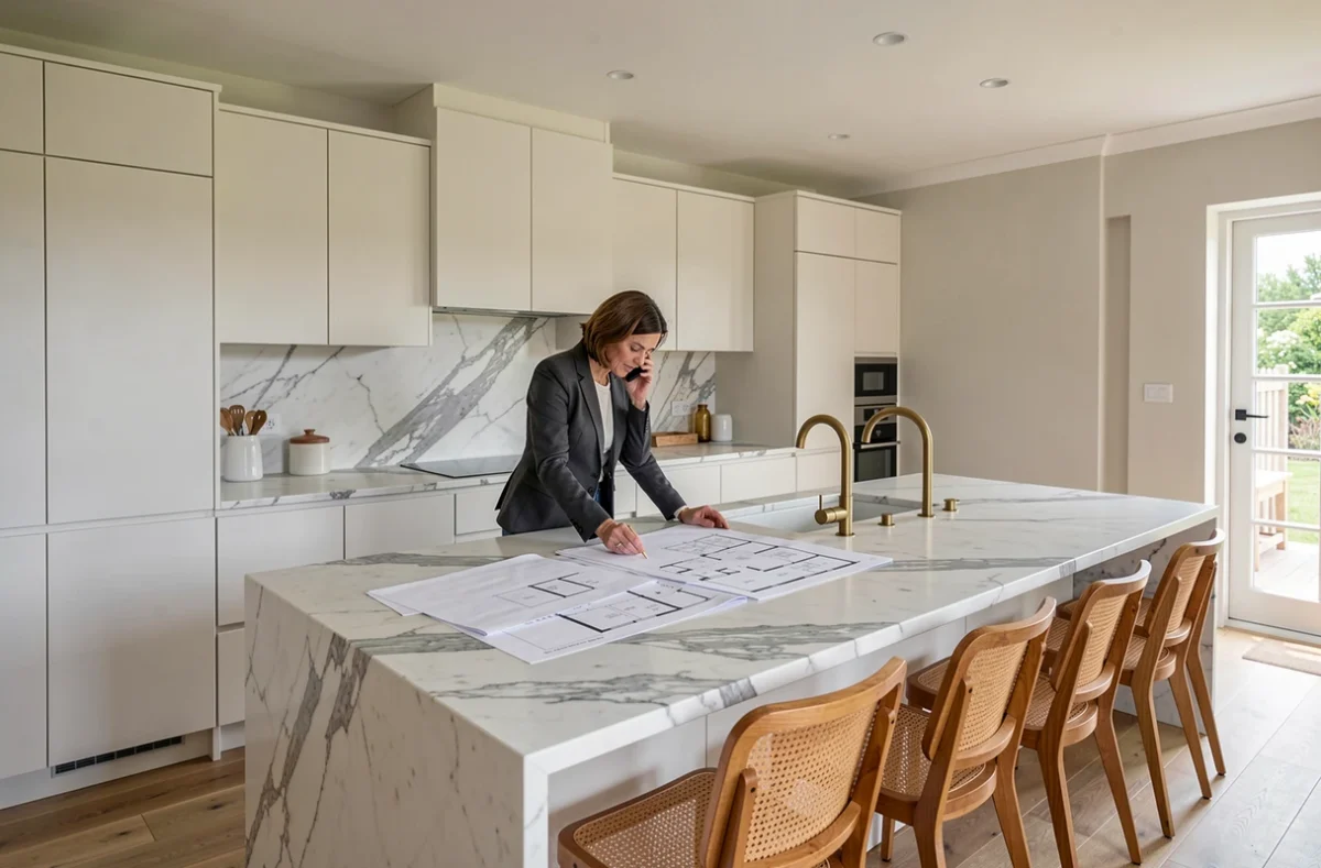 Intérieur de cuisine contemporaine en marbre et laiton brossé réalisé par Act Intérieur dans une ferme rénovée