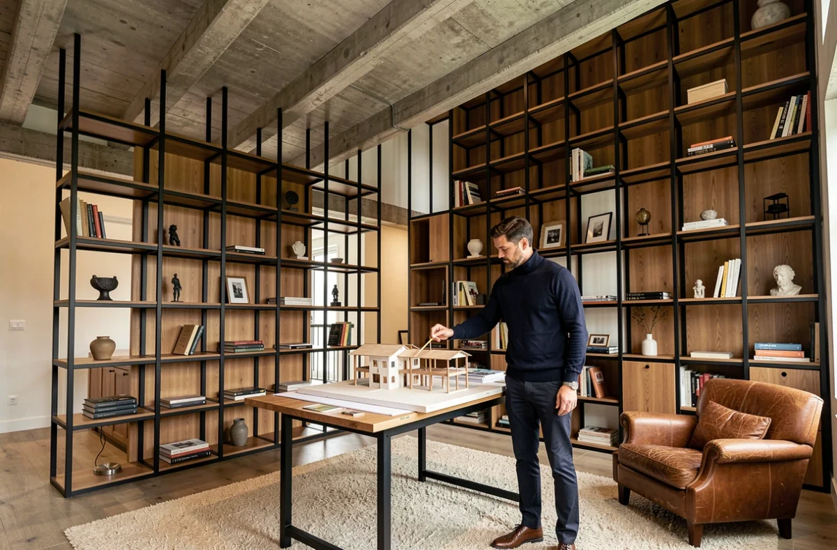 Architecte d'ADK Architecture présentant une maquette dans un intérieur rénovée aux poutres en béton apparent