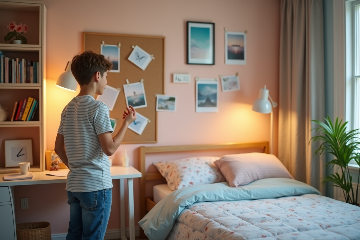 Adolescent en chambre cosy pinçant des affiches au mur