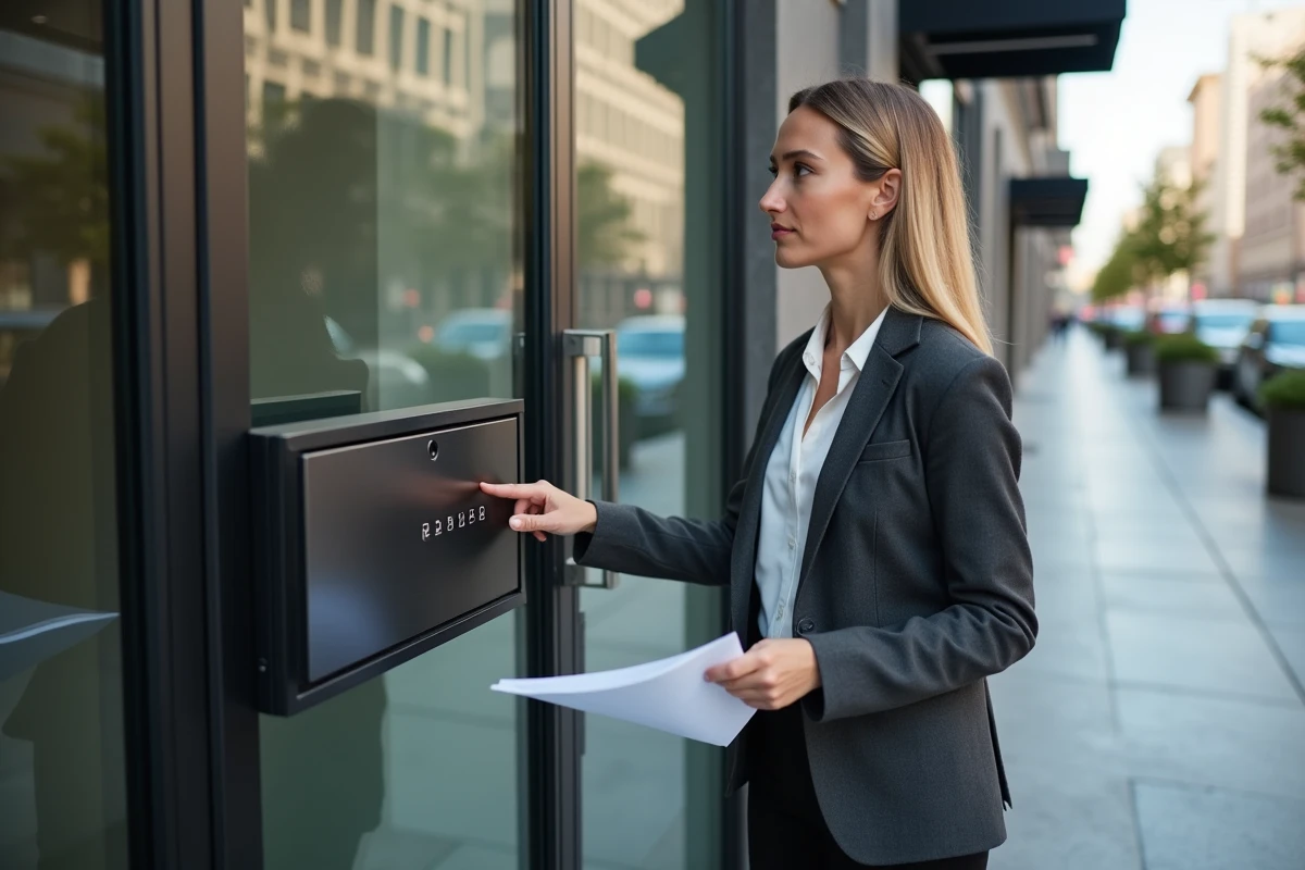 Agent immobilière ouvrant une boîte à clé à code sur la poignée d'un immeuble de bureaux moderne