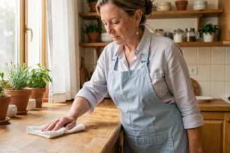Aide ménagère à domicile nettoyant un plan de travail dans une cuisine d'appartement à Besançon