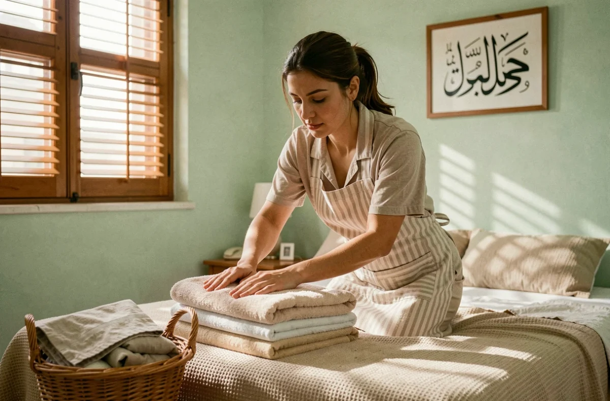Aide ménagère tunisienne rangeant le linge dans une chambre propre et ordonnée à Tunis