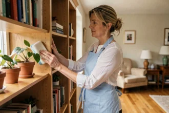 Aide ménagère professionnelle effectuant le dépoussiérage d'une bibliothèque en bois dans un salon moderne