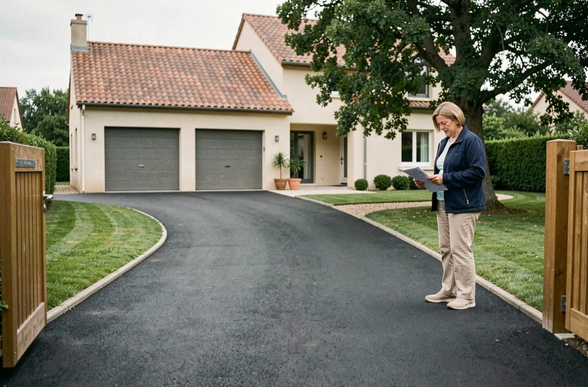Vue d'ensemble d'une allée carrossable en enrobé bitumineux neuf devant une maison résidentielle française avec propriétaire inspectant les travaux