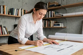 Architecte femme calculant les mètres carrés sur des plans d'étage dans un studio professionnel