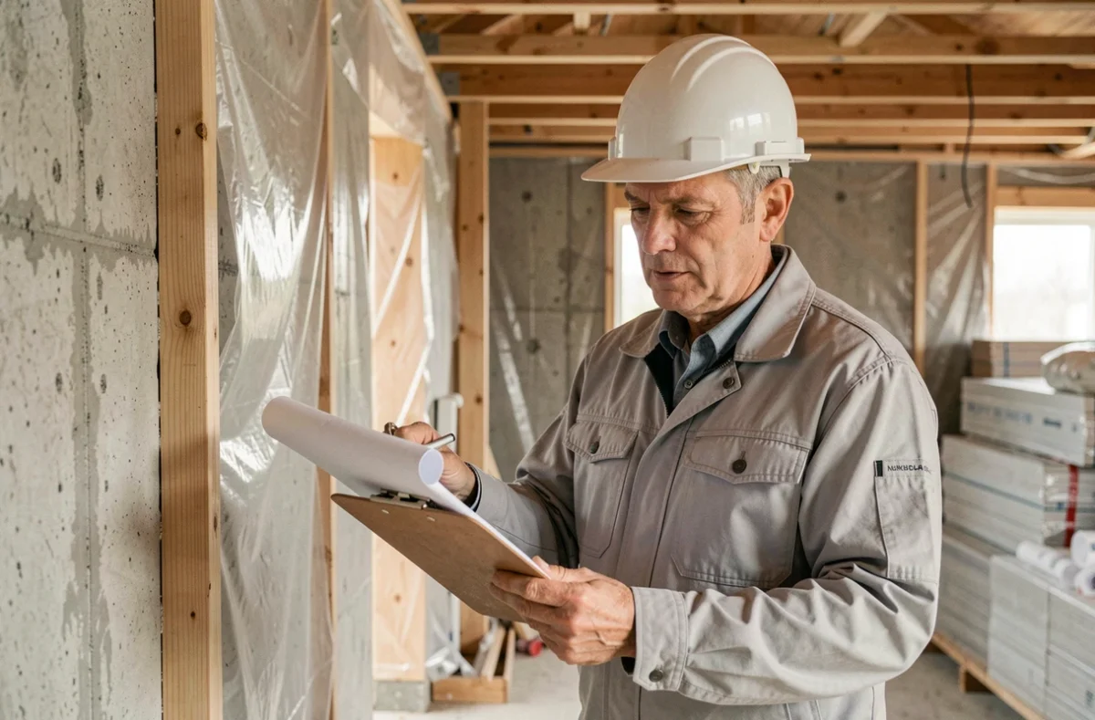 Architecte en combinaison technique examinant des plans de rénovation aux normes RE2020 sur un chantier de mise aux normes énergétiques