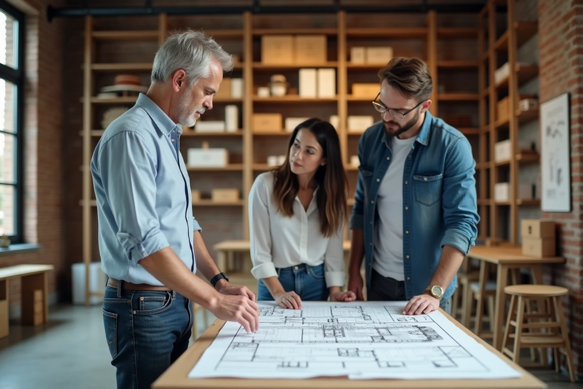 Architecte expliquant des plans architecturaux à un couple dans un studio créatif