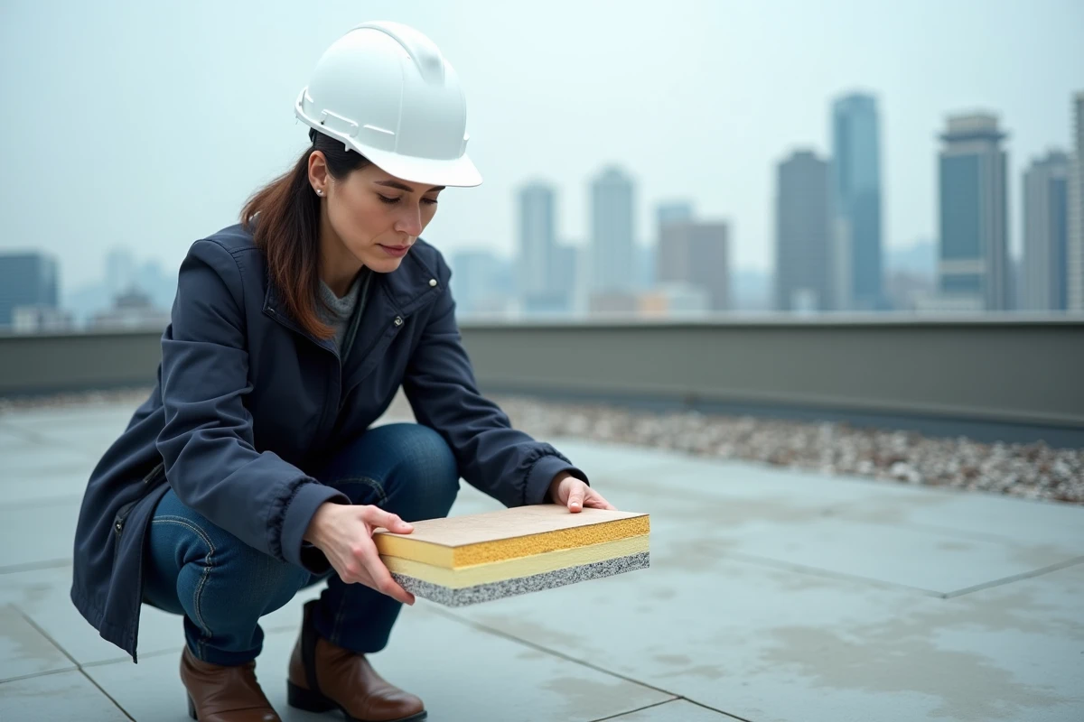 Architecte examinant un échantillon de panneau isolant multicouche sur une toiture terrasse urbaine pour conformité thermique