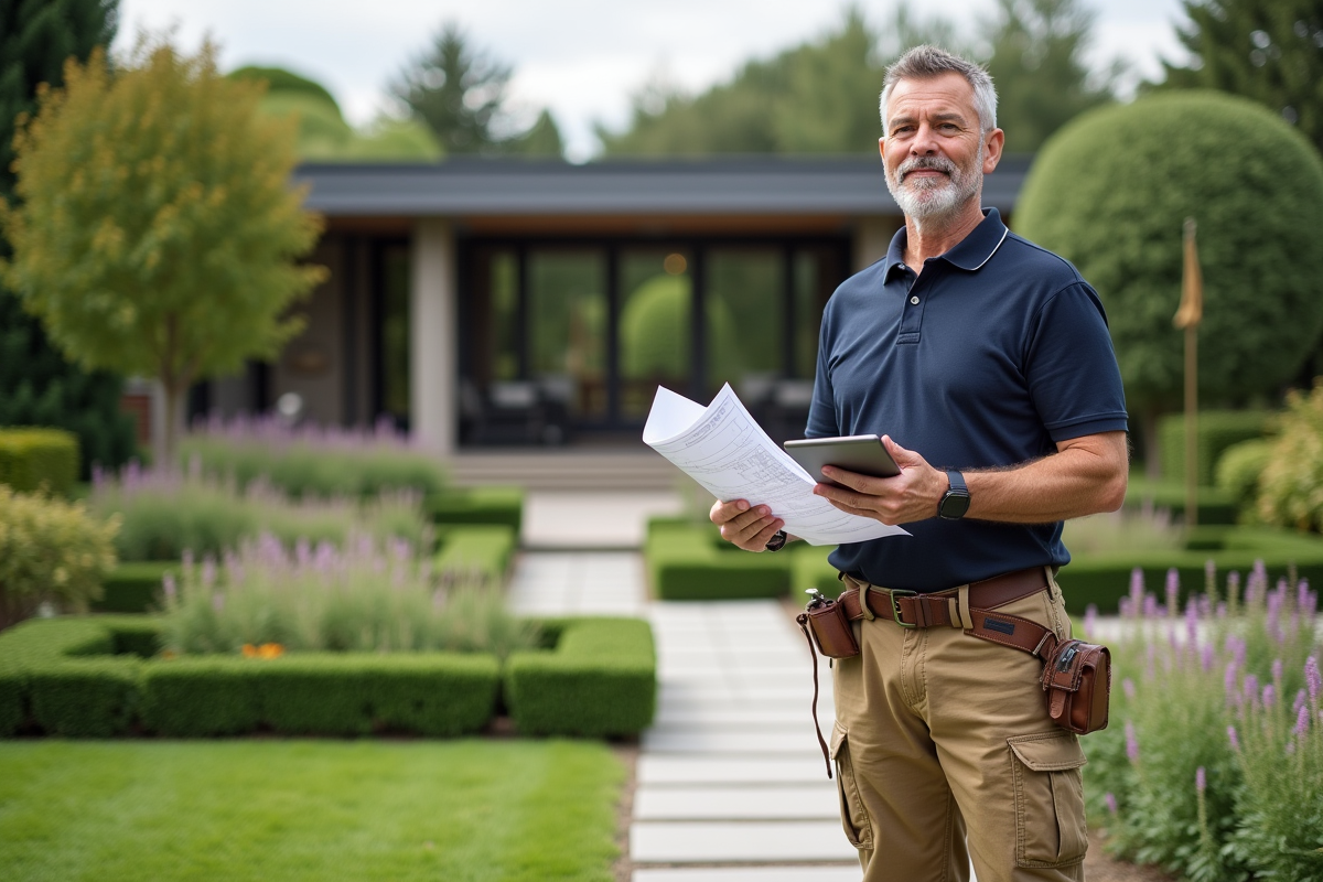Architecte paysagiste en extérieur avec plans et tablette