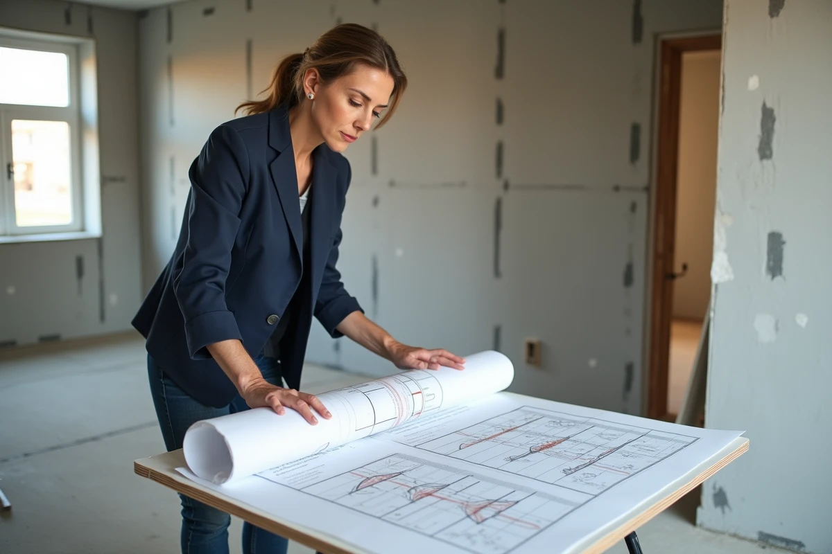 Architecte étudiant un plan technique de chape et plancher chauffant dans un chantier en cours