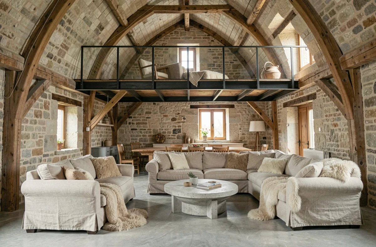 Ferme rénovée près de Berteaucourt-les-Thennes avec voûtes en pierre, mezzanine en acier et décoration naturelle