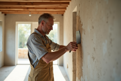 Artisan appliquant du hempcrete sur un mur intérieur