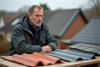 Ouvrier couvreur examinant des échantillons de toiture