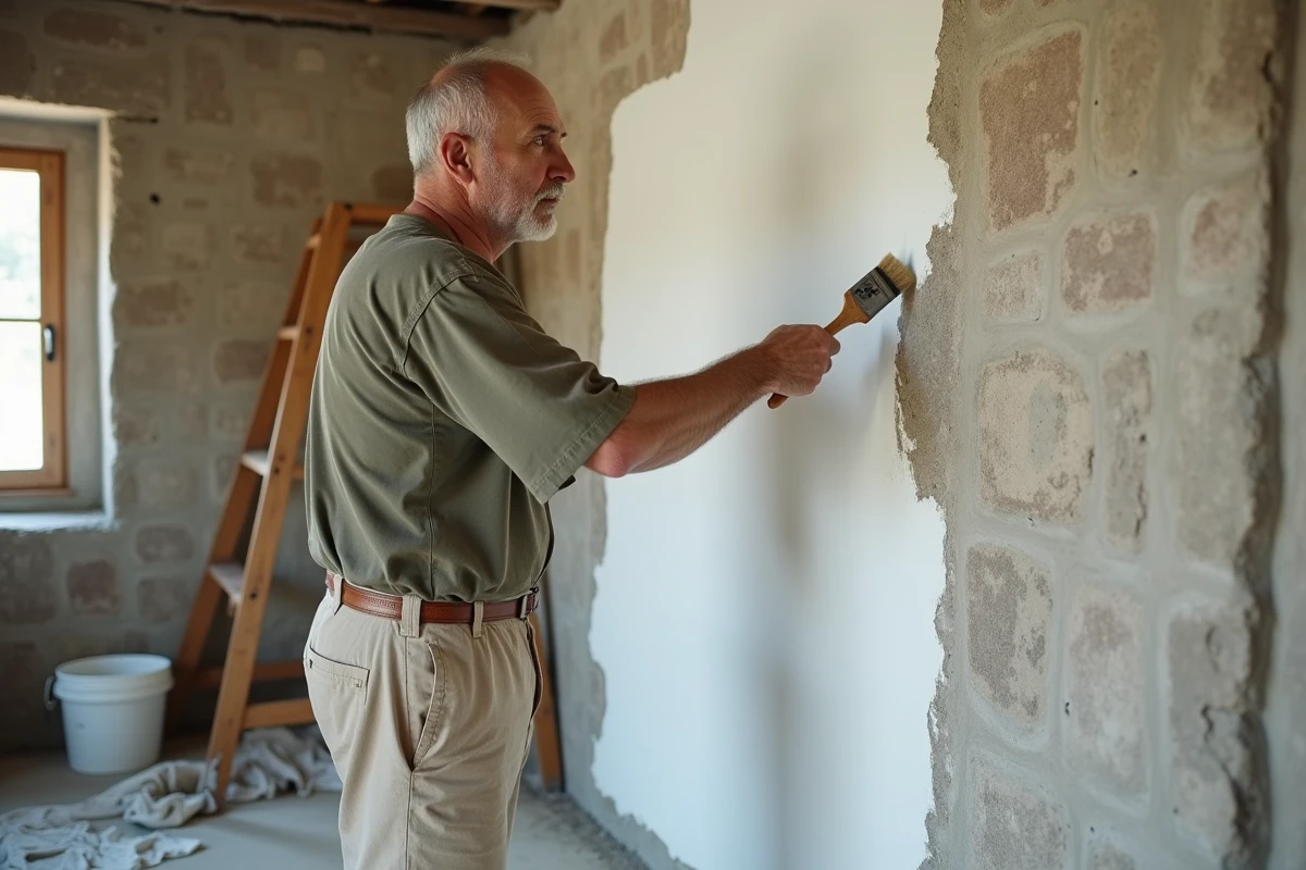 Artisan appliquant un traitement anti-humidité sur un mur en pierre intérieur lors d'une rénovation de maison ancienne