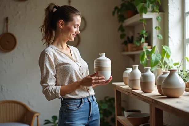 Femme arrangeant des vases en céramique peintes à la main dans un intérieur chaleureux