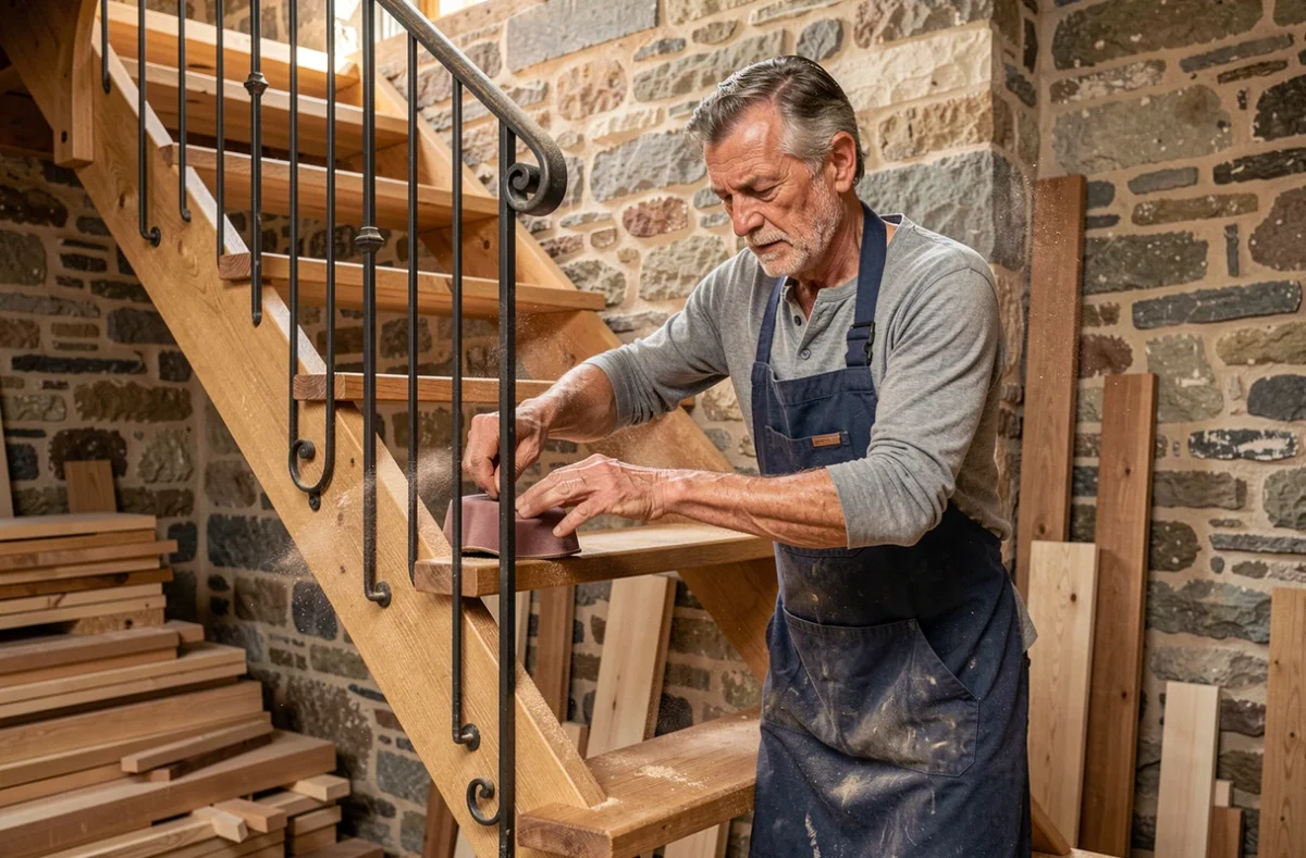 Menuisier de l'Atelier Evans travaillant sur un escalier en chêne sur mesure avec balustrade en fer forgé dans un manoir périgourdin