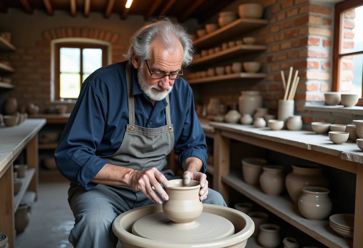 Homme âgé façonnant une poterie dans un atelier rustique