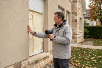 Auditeur thermique professionnel inspectant la facade d'une maison individuelle avec une caméra thermique lors d'un audit énergétique