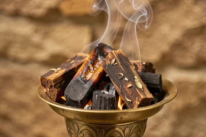 Morceaux de bakhour naturel sur un brûleur en laiton avec de la fumée s'élevant doucement, illustrant la qualité d'un encens traditionnel authentique