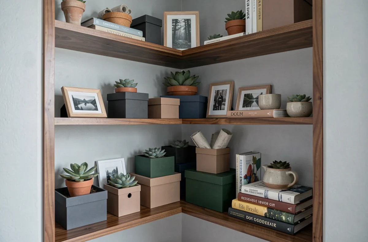 Boîtes cadeaux réutilisables utilisées comme rangement décoratif sur une bibliothèque en bois de noyer dans un intérieur mid-century moderne avec plantes succulentes