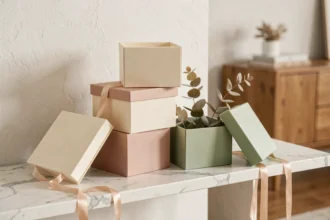 Boîtes cadeaux vides réutilisables empilées sur une étagère en marbre blanc dans un intérieur scandinave, décorées de rubans satin et d'eucalyptus séché