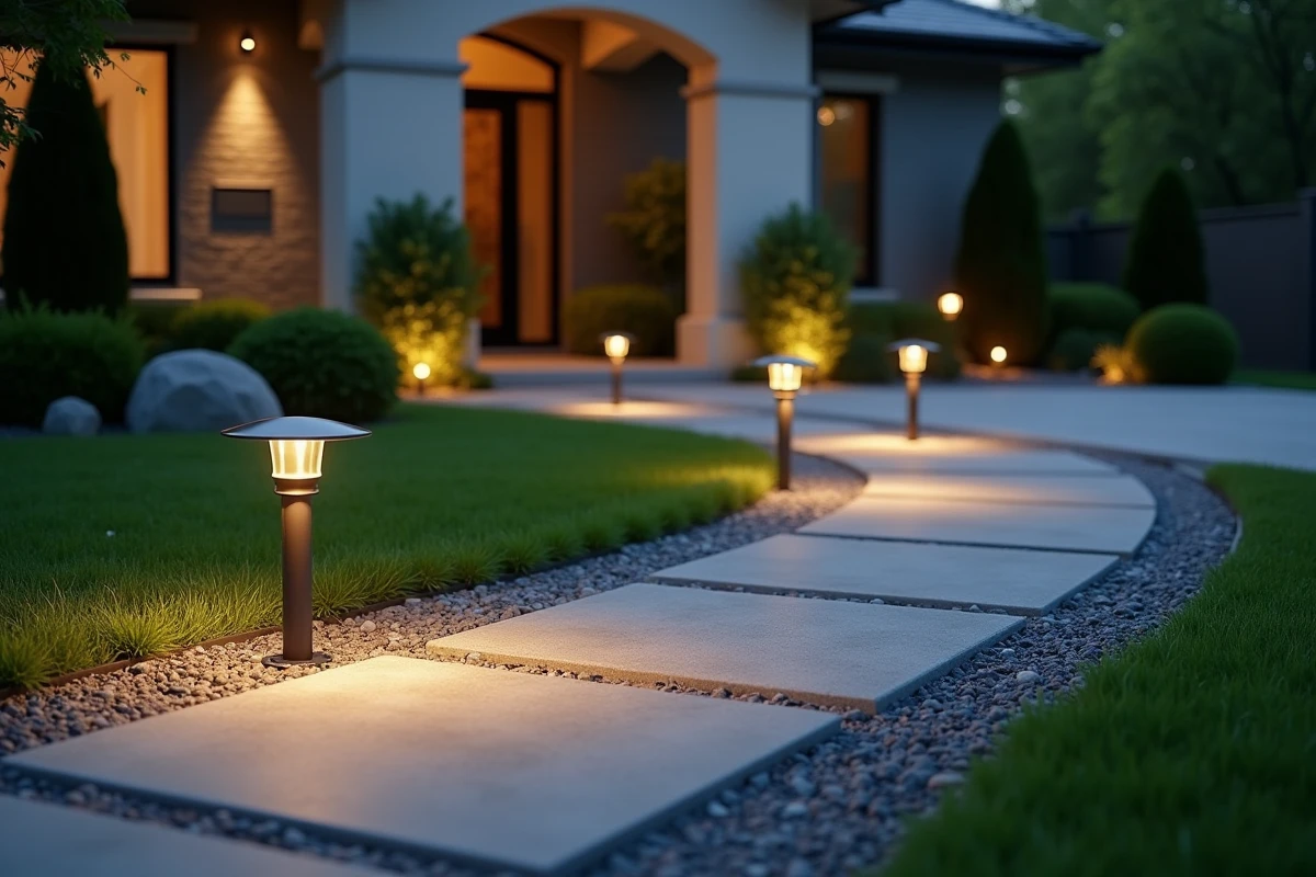 Allée extérieure résidentielle avec des bornes lumineuses basse tension intégrées le long d'un chemin en pierre
