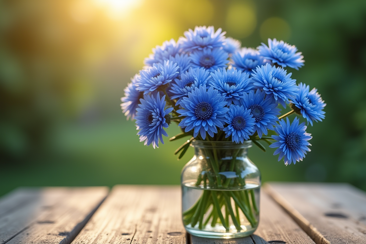 Bouquet de coquelicots bleus dans un vase rustique sur une table en bois