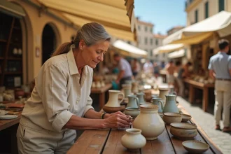 Femme chinant un vase en céramique sur un marché aux puces en plein air dans le 13e arrondissement de Marseille