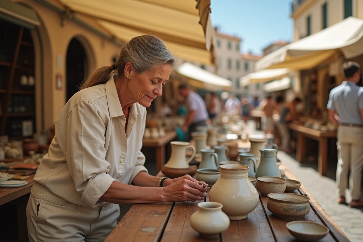 Femme chinant un vase en céramique sur un marché aux puces en plein air dans le 13e arrondissement de Marseille