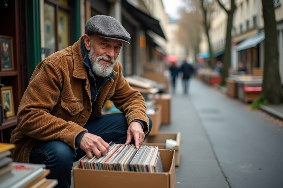 Homme parcourant des disques vinyles anciens lors d'une brocante de rue dans le 13e arrondissement