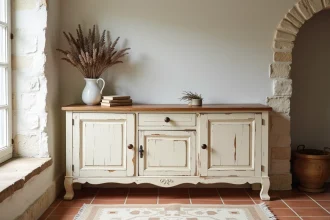 Buffet en bois vintage à peinture crème écaillée contre un mur en pierre blanchie dans un salon campagne chic avec carrelage en terre cuite