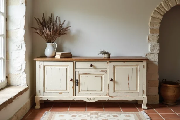 Buffet en bois vintage à peinture crème écaillée contre un mur en pierre blanchie dans un salon campagne chic avec carrelage en terre cuite