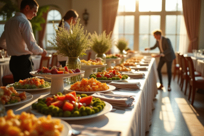 Buffet coloré dans une salle lumineuse avec invités