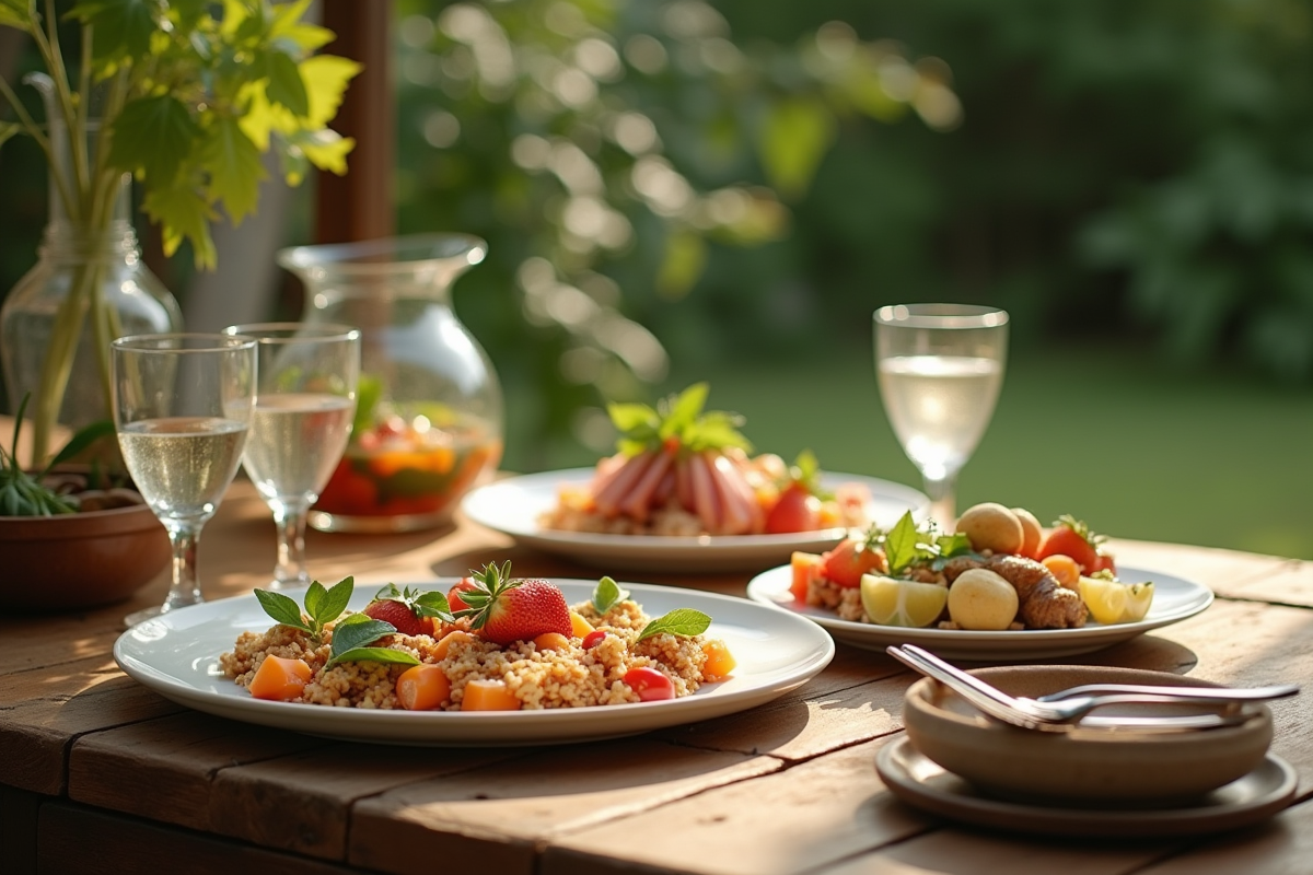 Buffet en plein air avec plats et verre dans la nature