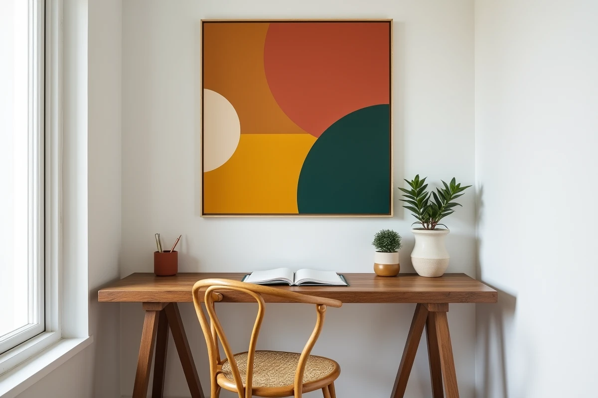 Bureau à domicile avec un grand tableau géométrique aux couleurs terracotta et moutarde au-dessus d'un bureau en noyer