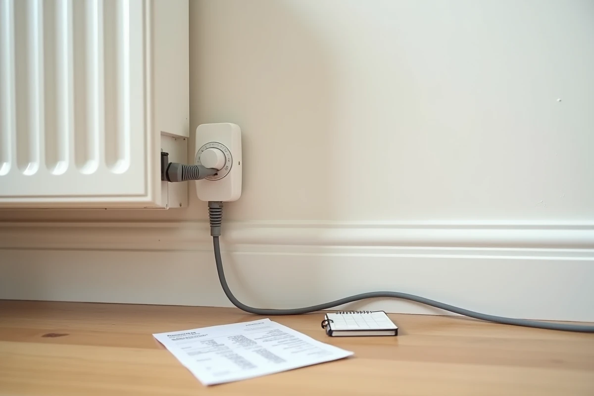 Câble de radiateur électrique fixé au mur avec une facture d'électricité posée au sol illustrant les économies d'énergie
