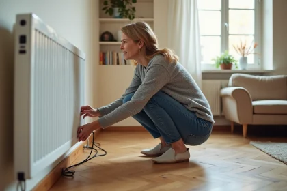 Femme inspectant le câble d'un radiateur électrique dans un appartement pour réduire la consommation d'énergie