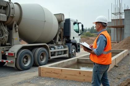 Camion toupie béton sur un chantier de construction avec un ouvrier contrôlant le volume coulé dans un coffrage en bois