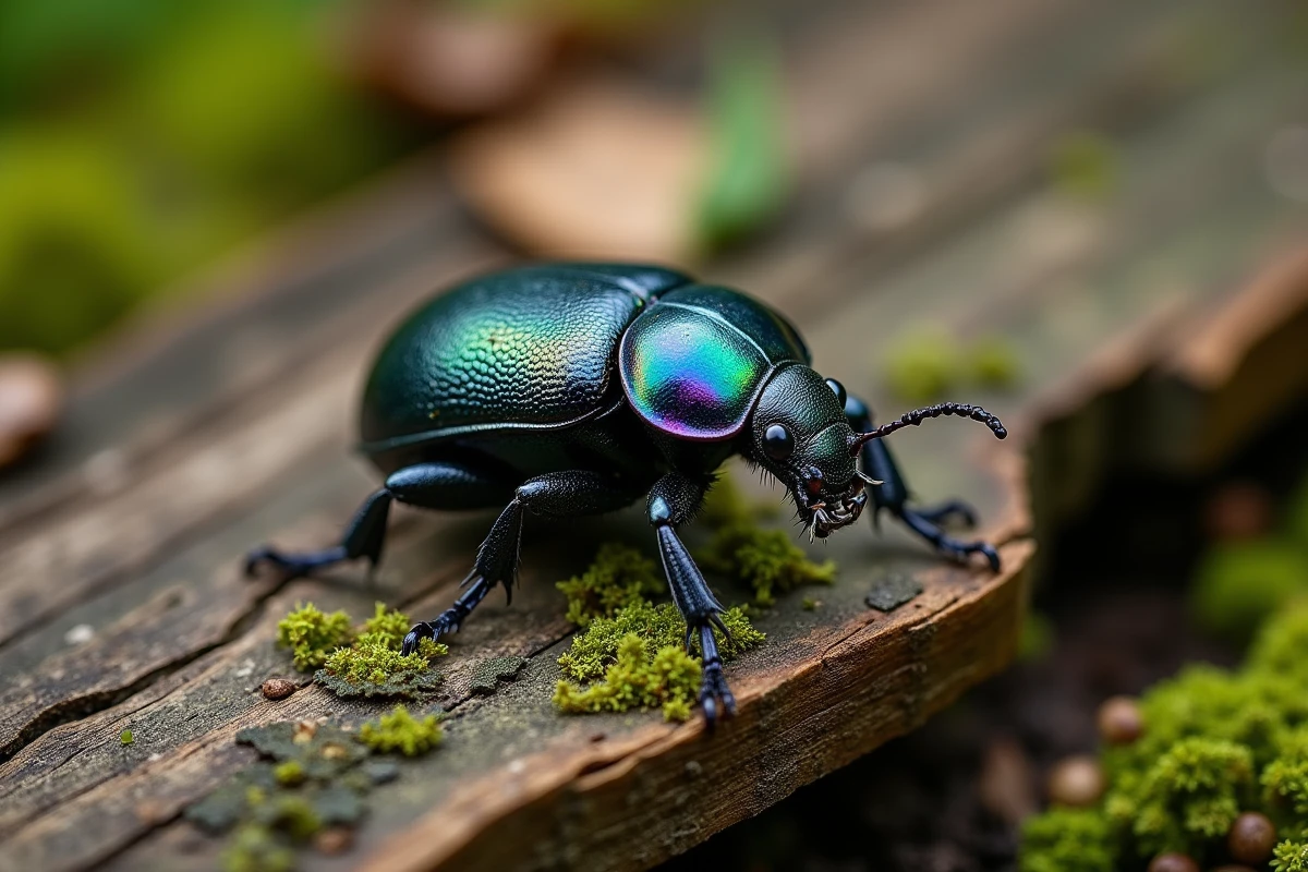Gros plan macro d'un carabe violet inoffensif sur une planche en bois recouverte de mousse, montrant les détails de son exosquelette noir irisé