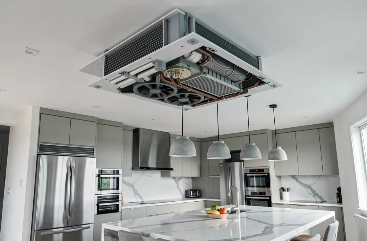 Unité intérieure cassette de pompe à chaleur air air encastrée dans un plafond de cuisine ouverte
