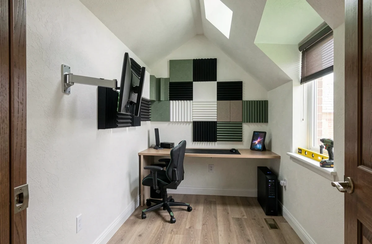 Vue large d'une chambre gaming aménagée avec bras de moniteur mural, panneaux acoustiques et bureau encastré dans une alcôve