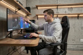 Jeune homme mesurant un mur avant de percer dans une chambre gaming décorée avec bureau sur mesure et setup RGB