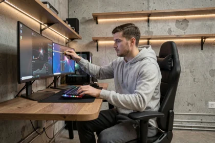 Jeune homme mesurant un mur avant de percer dans une chambre gaming décorée avec bureau sur mesure et setup RGB