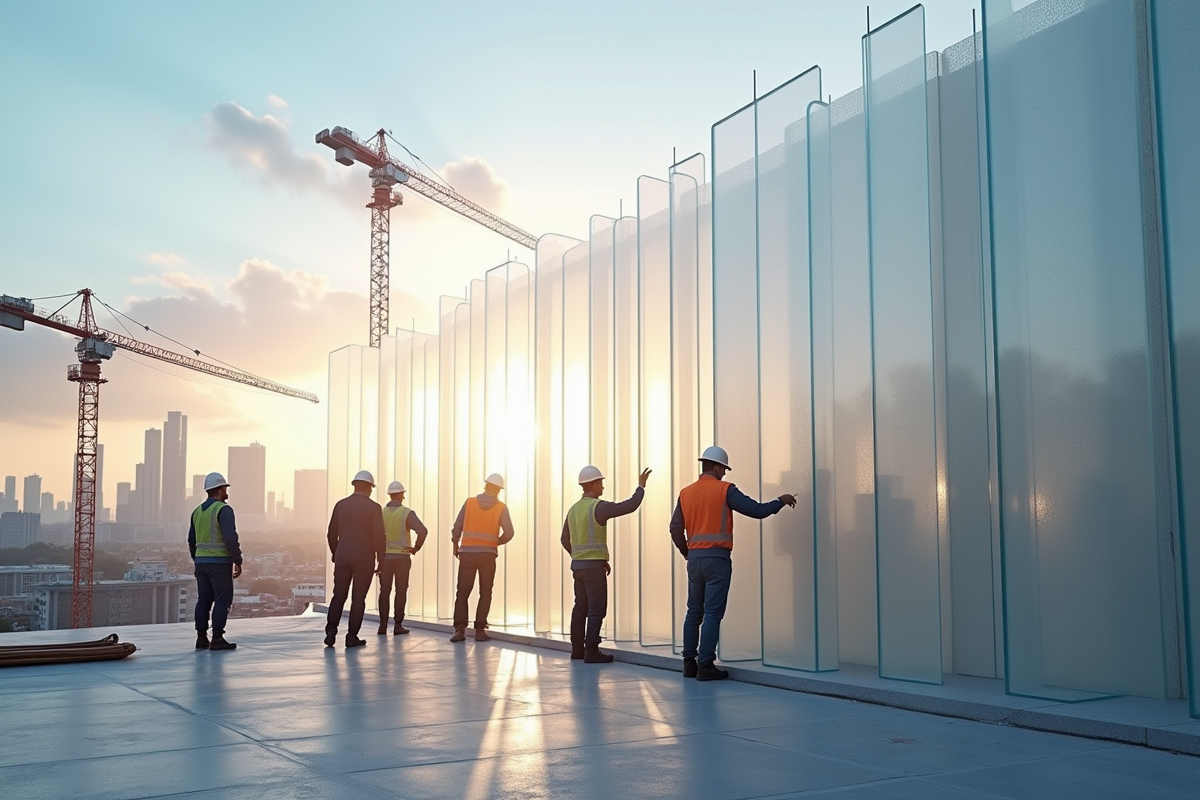 Chantier moderne avec ouvriers et panneaux translucides