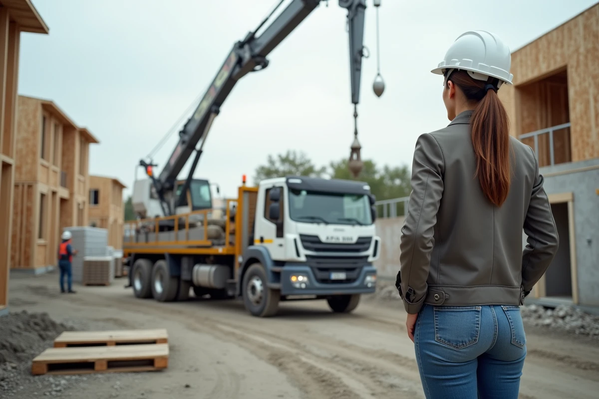 Chef de chantier femme surveillant une pompe a beton