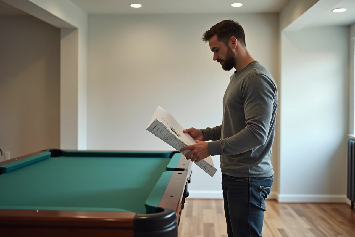 Homme évaluant l'espace disponible pour installer un billard américain dans un sous-sol familial